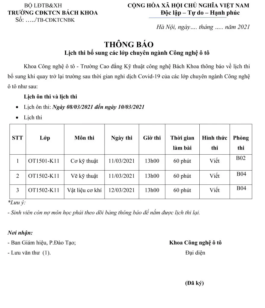 Thông báo lịch thi khoa Công nghệ Ô tô