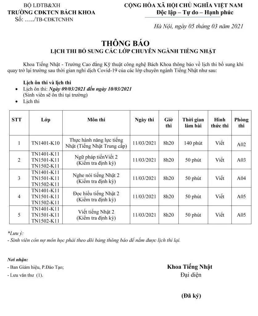 Thông báo lịch thi khoa Tiếng Nhật